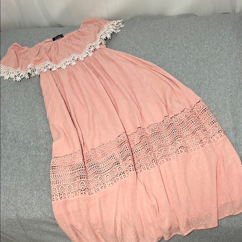Simplee Over Shoulder Pink Maxi Dress Medium Fairy Lace Peasant Cottagecore